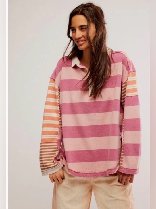 We The Free Tops - FREE PEOPLE WE THE FREE Oversized Striped Shabby Chic Cotton Rugby Shirt M